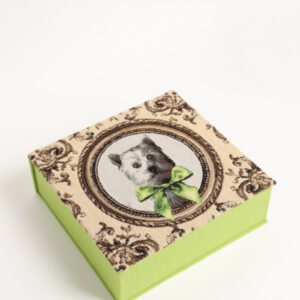 „Šuniukas su ryškiai žaliu kaspinu“